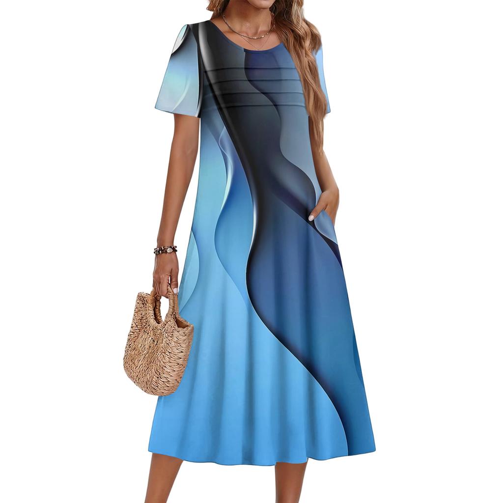 Damenkleid mit Blumenmuster, lässig und modisch, kurzärmelig, Rundhalsausschnitt