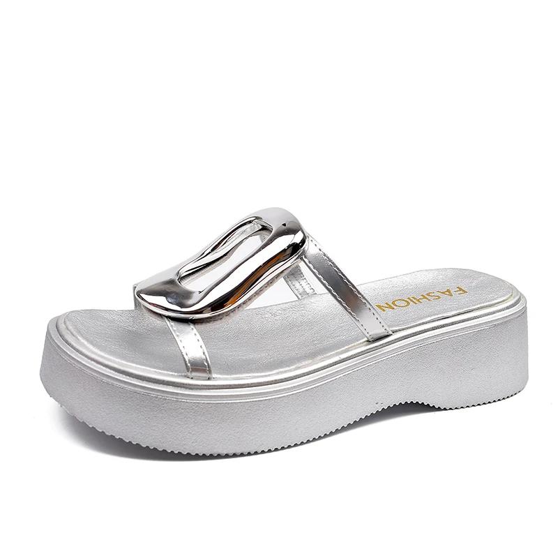 

Женские тапочки на платформе, металлическая отделка, резиновая мягкая подошва, женская обувь, платье, для улицы, лето, лаконичные, Zapatillas De Mujer 40 серебряный