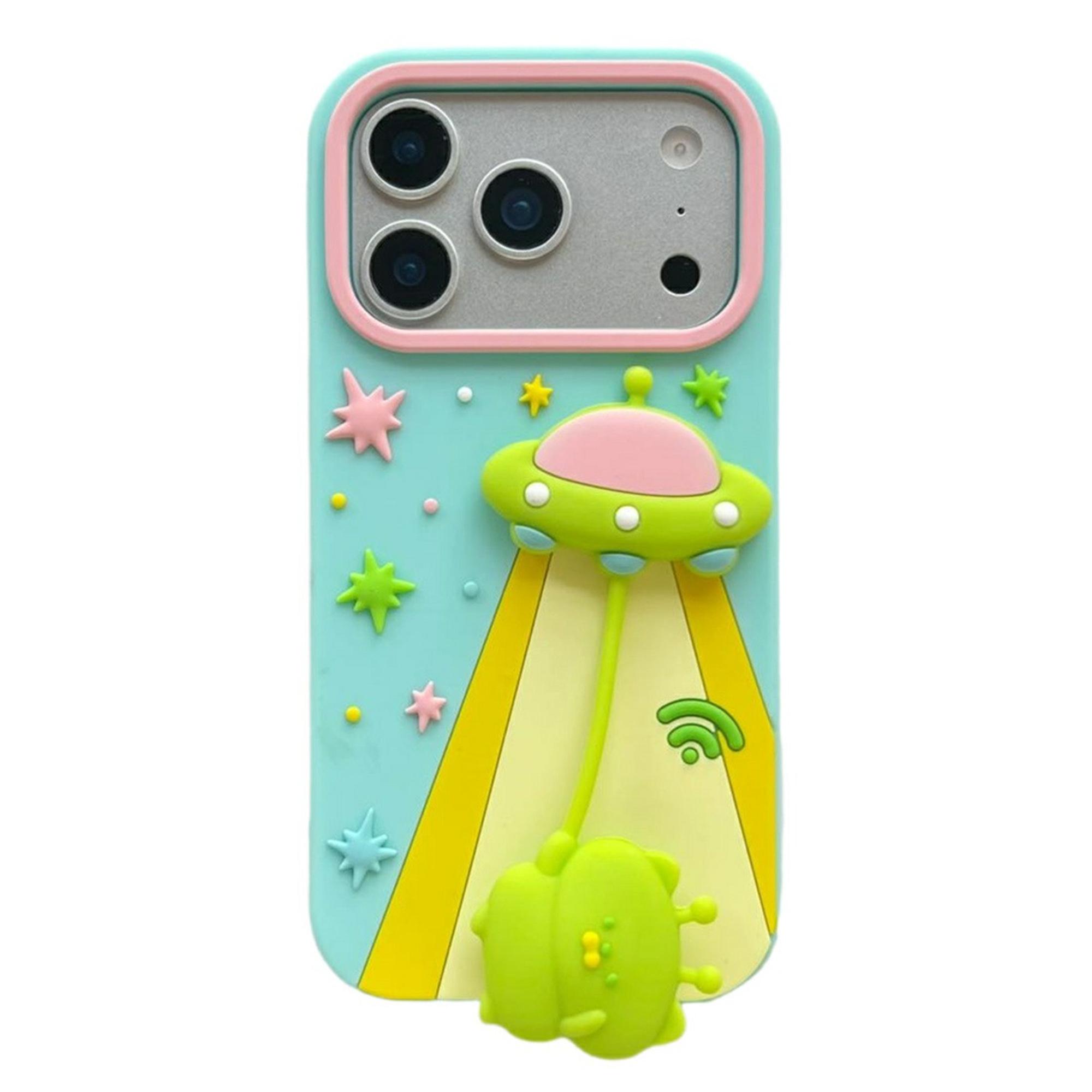 

For iPhone 17 Pro Case Cute 3D UFO Alien Pendant Design Shockproof Silicone Phone Back Cover