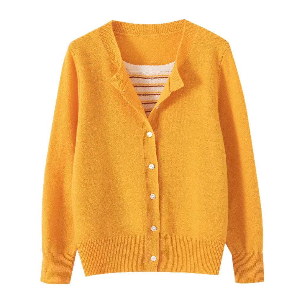 Autumn And Winter New Fake Two-Piece Wool Cardigan Women'S Crew Neck Fashion Casual Versatile Knitted Sweater Pure Wool Cardigan Jacket
