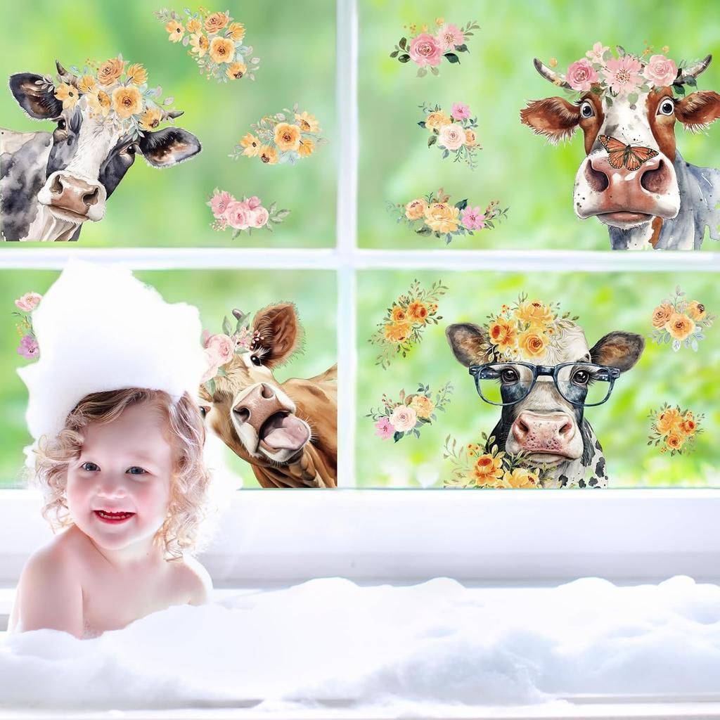 Floral Cow Window Clings Cute Cow Window Stickers Double-Side Glass Decals for Party Home School Office Decor, 11.5 X 8.3 Inch, 6 Sheet