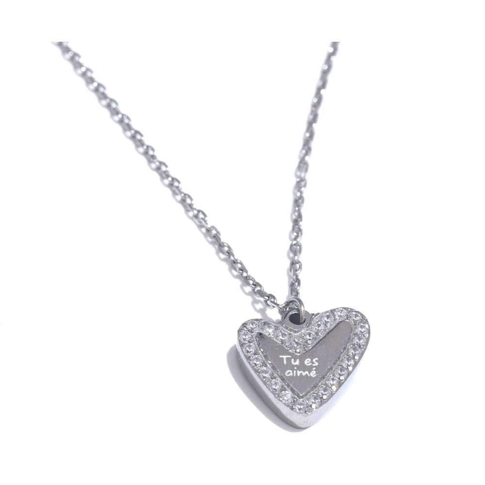 

Yhpup Exquisite Stainless Steel Zircon Heart Love “Tu es aime” Wish Lucky Happily Pendant Necklace Women Fashion Jewelry Gift