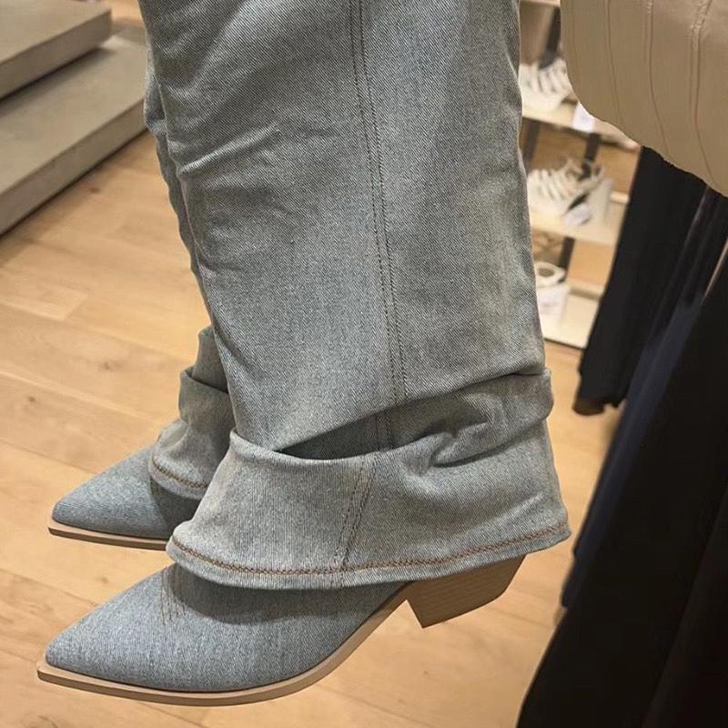 Pleats Blue Denim Thigh High Boots for Women 2025 Autumn Thick Heeled Pointed Toe Cowboy Boots Woman Slip On Western Long Boots
