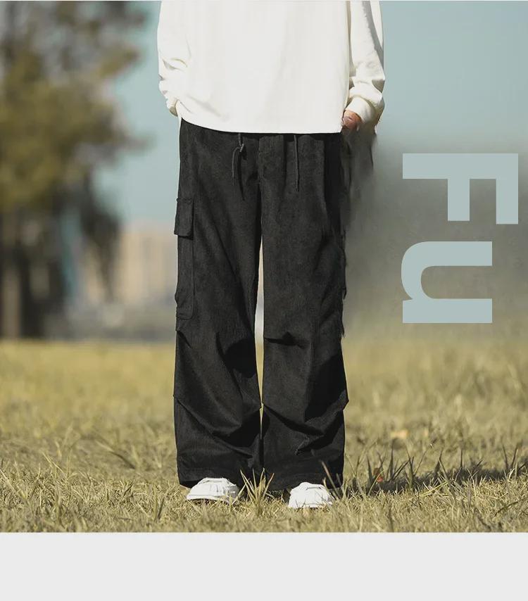 Men's Casual Trendy Army Green Corduroy Overalls - Autumn & Winter Wide-Leg Trousers