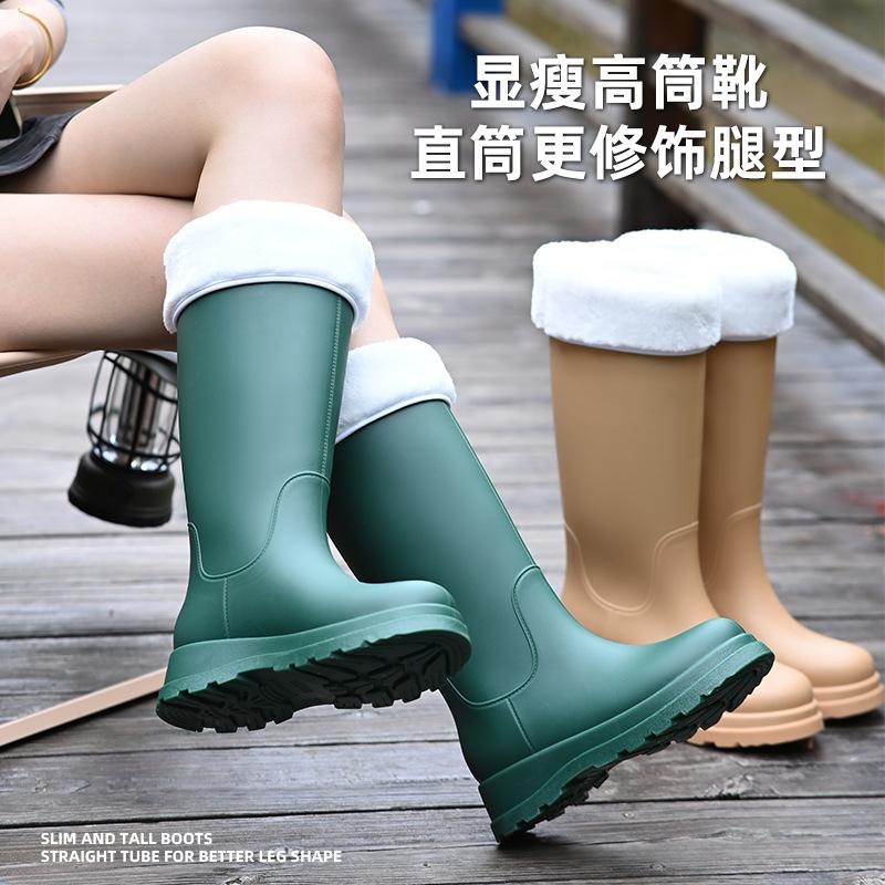 New high tube rain shoes women's non-slip water shoes medium tube water boots fleece warm super thick-soled rubber shoes long tube rain boots women