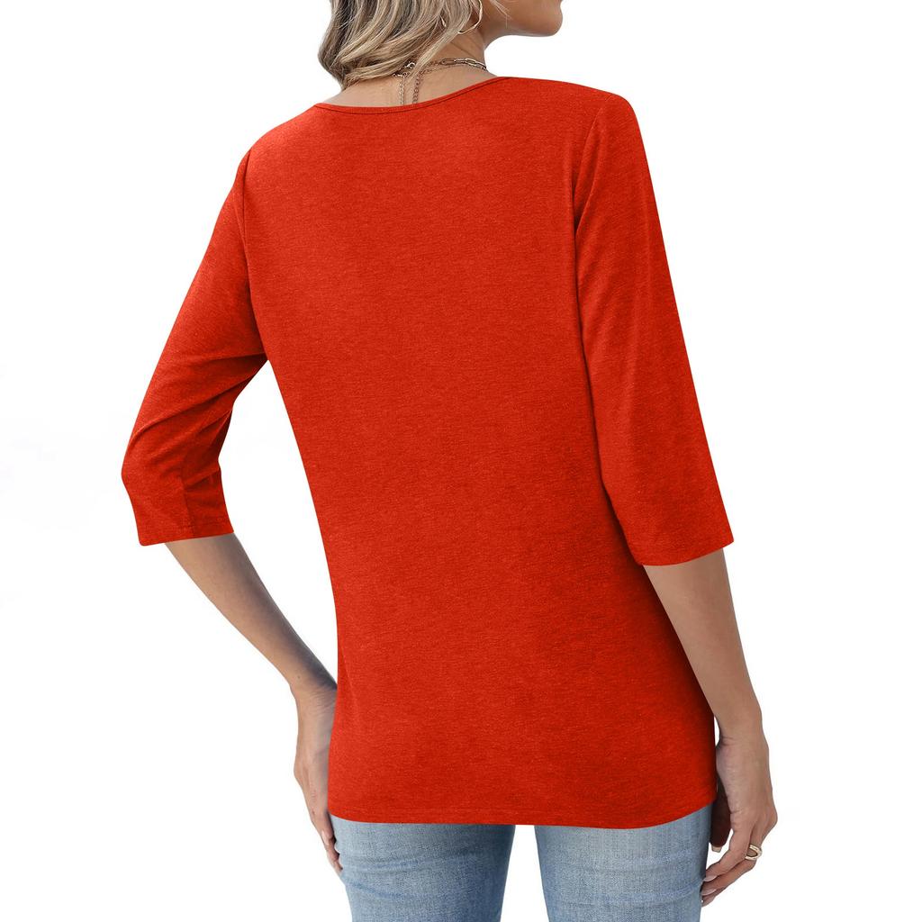Women's Fashionable Casual Button-down Collar Three-quarter Sleeve T-shirt Top