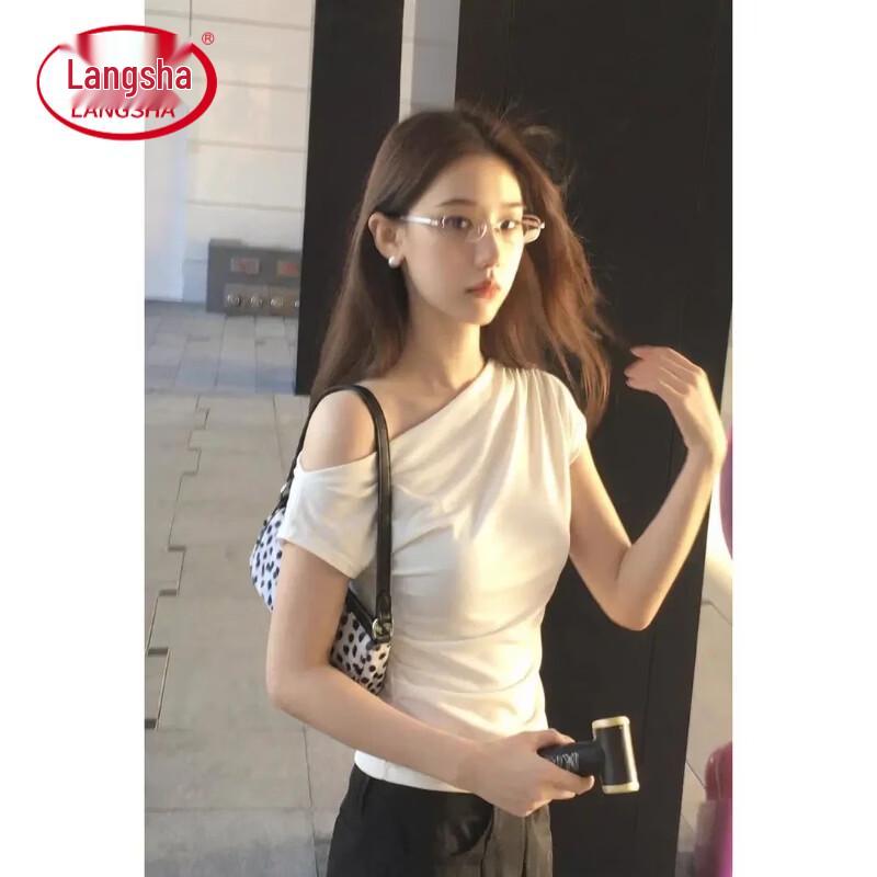 Langsha Lyocell Pleated Off-Shoulder Short Sleeve T-Shirt S белый