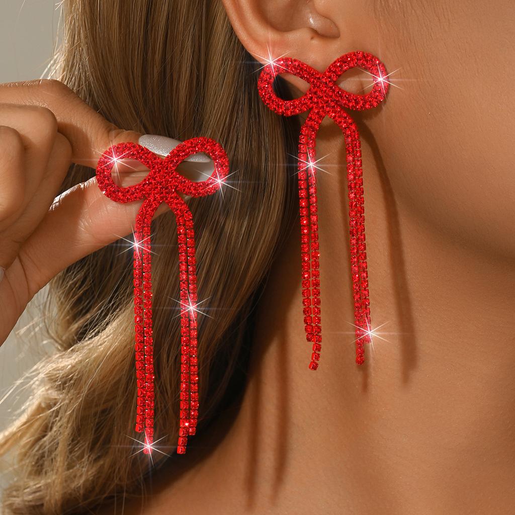 Bow Long Fringed Earrings, Fashionable Shiny Rhinestone Stud Earrings, Ear Jewelry For Women