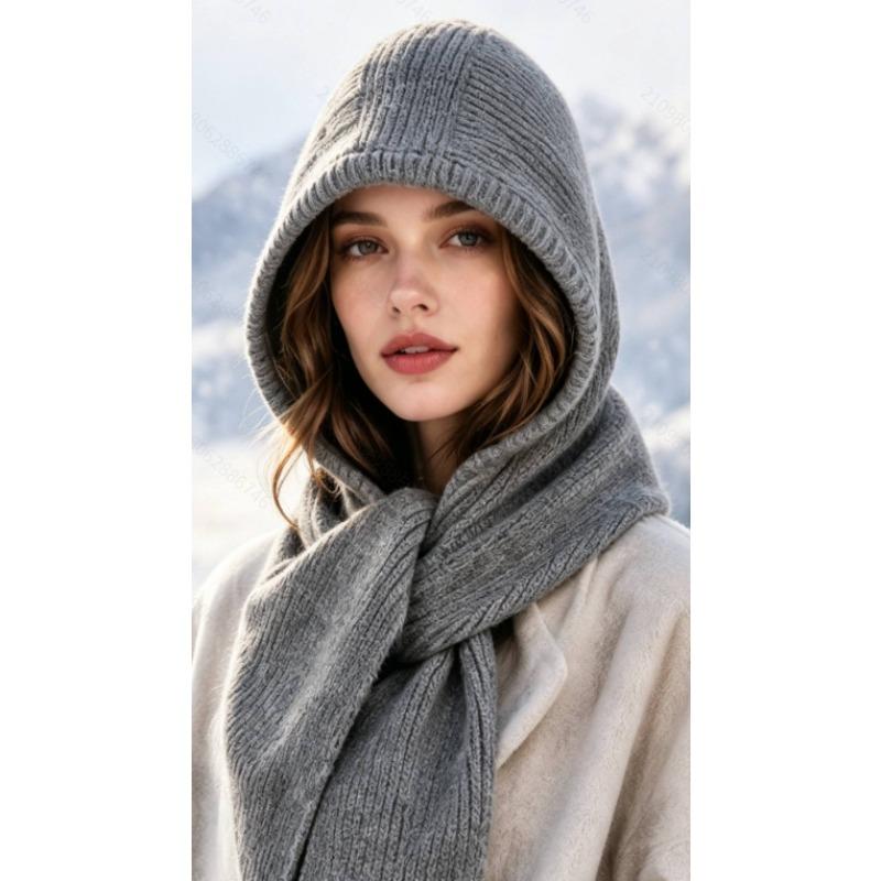 Meier Knitted hooded, scarf integrated hat, autumn and winter warm ear protection pullover hat, unisex thickened