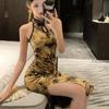 Retro-style Printing Improved Cheongsam Off-the-shoulder Sleeveless Disc-buckled Dress for Women's Summer Waist and Thin Buttocks Slit Dress