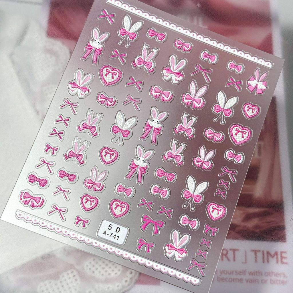 5D Embossed Pink Heart & Sweet Rabbit Nail Art Stickers 3D Decorative Ornaments