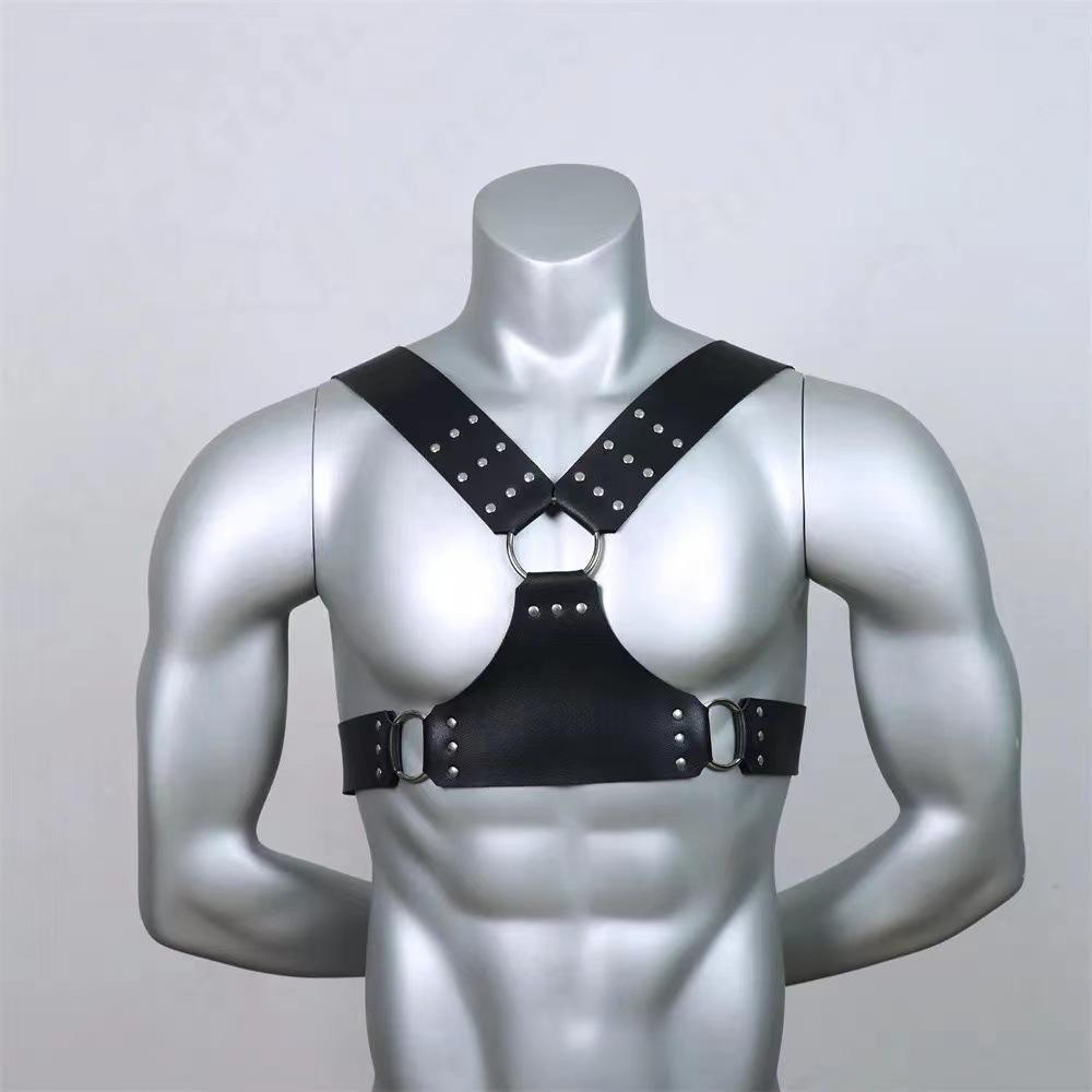Adult men's bar erotic body restraints leather shoulder straps alternative tough guy performance SM props sexy bra