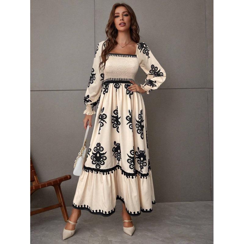 

2026 Elegant European & American Print Long-Sleeve Dress Double Extra Large