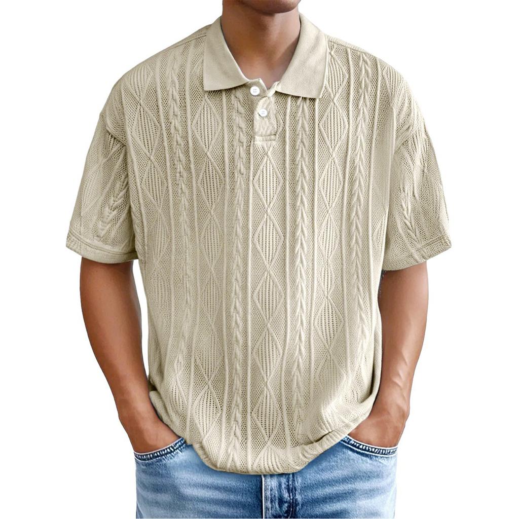 Casual  Shirts For Men Jacquared Texture Short Sleeve Tshirts Summer Loose Fit Breathable Outdoor Tops Plus Size