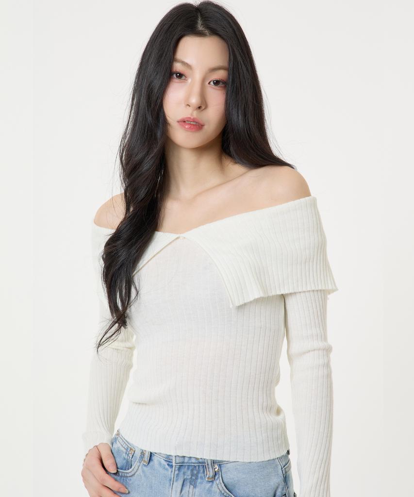 UNKNOWN PLANET Ruffle Boat Neck Long Sleeve Knit Top White