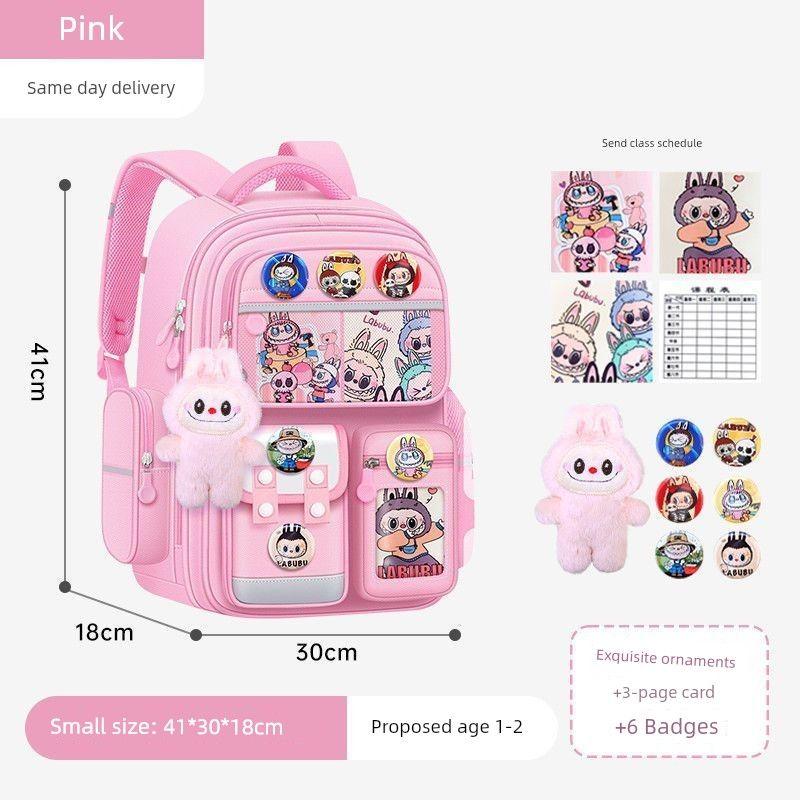 

2025 New Cloth School Bag Primary School Boys and Girls Grade 1-6 Burden Relief Spine Protection Labubu Joint Name Children 3 Pink small size + pull cloth cloth 10 piece set