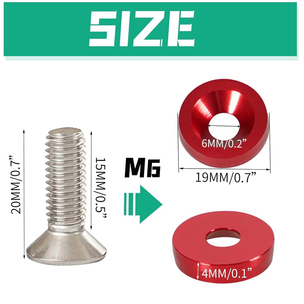 YESHMA 30 Pcs Bumper Fender Washers M6X20Mm With Bolts, Engine Bay Dress Up Fastener Kit Aluminum For Headlights Trunk License Plate Frame (Red)