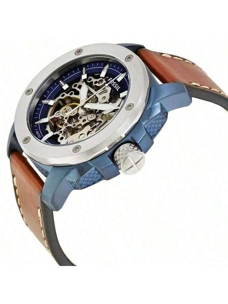Herren-Automatik-Mechanik-Uhr, Lederarmband, 3-Zeiger-Design, Edelstahlgehäuse/Kratzfestes Glas ME3135