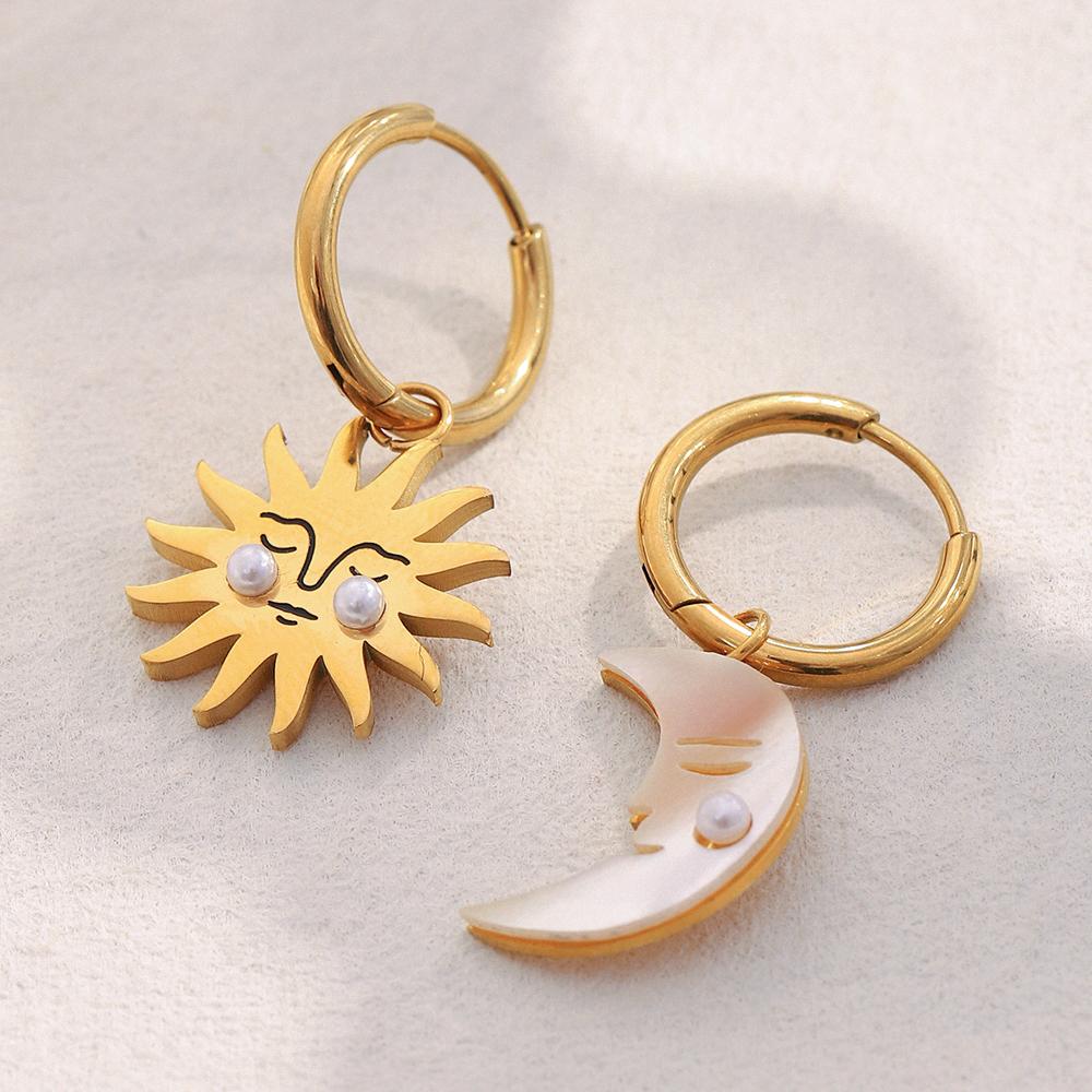 Dreamidea Gold Plated Stainless Steel Drop Earrings with Pearl Accents Celestial Asymmetric Jewelry for Anniversary