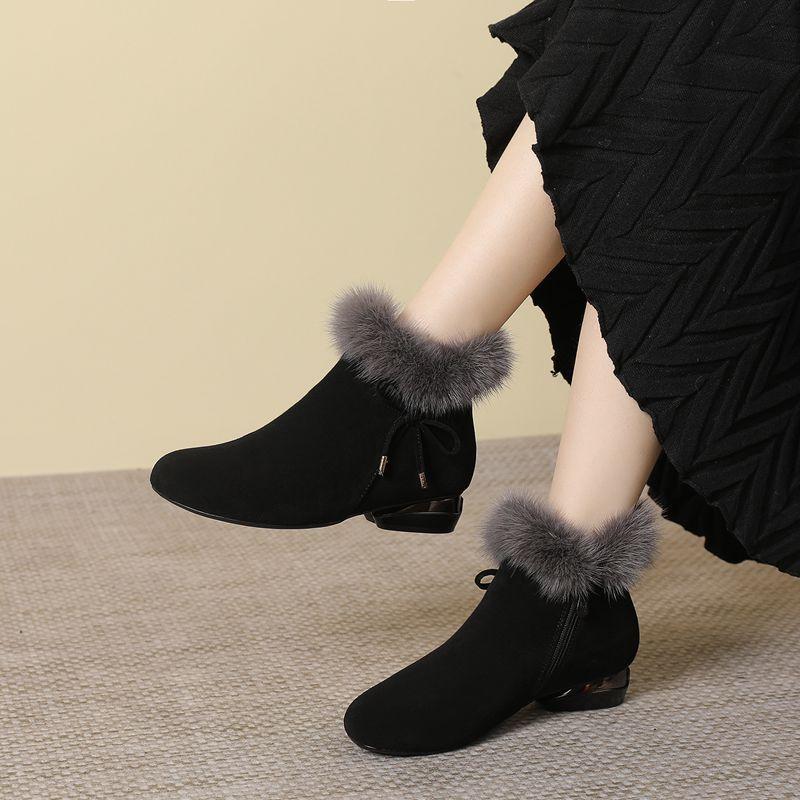 

2025 новые плоские короткие ботинки женские ботинки из норки на низком каблуке удобные универсальные бархатные хлопковые ботинки против бархата высококлассная женская обувь 38 чёрный