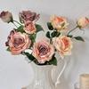 1pc Vintage Fake Flower Elegant Multi Head Rose Flower Simulation Flower Dramatic 3-Head Burnt Edge Rose For Living Room Centerp