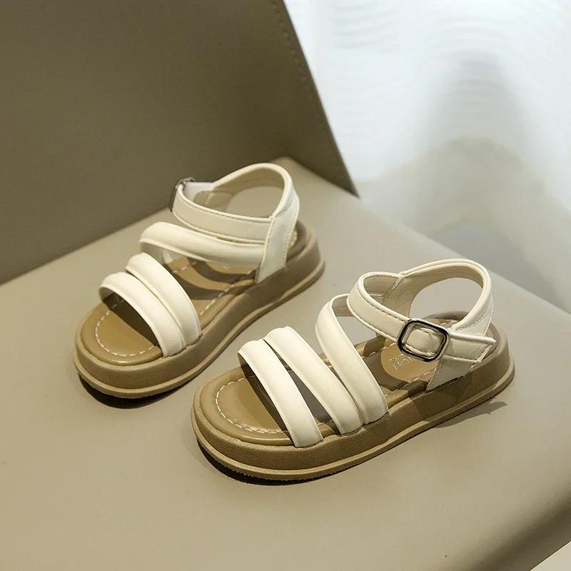 

Boys Girls Flats Fashion Sandals Solid Color Retro Kids Beach Shoes for Vacation 2025 Summer New Children Sandals Roman Style 26 бежевый