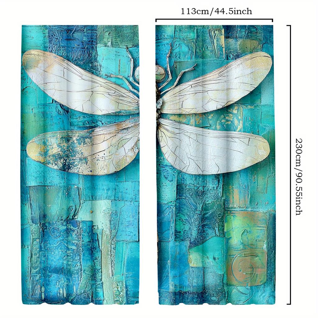 2pcs Teal Tie-Dye Curtains with Dragonfly Design – Elegant Grey To White Ombre Window Drapes   Semi-Transparent Polyester Fabric