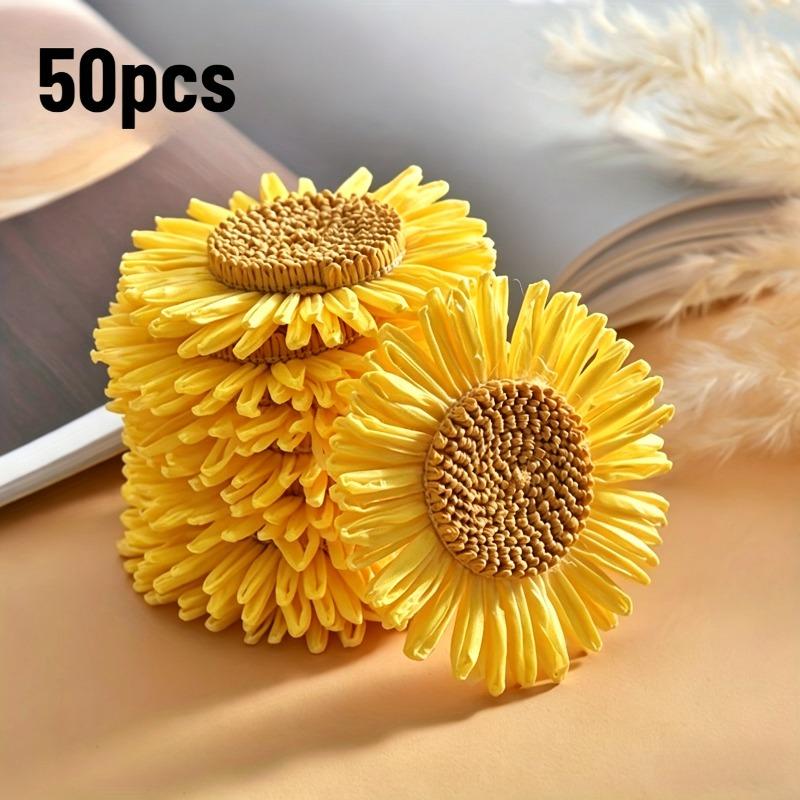 50 Stück Künstliche Gänseblümchen & Sonnenblumen 4 Farben Natürliches Raffia-Material DIY Basteln Hochzeit Haarschleier Tischmittelstück Dekoration