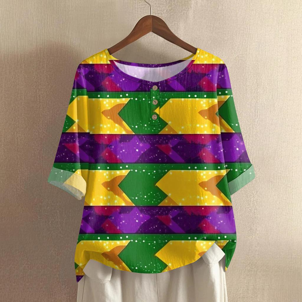 Women's Carnival Printed Casual Mid Sleeve Round Neck Cotton And Hemp Top