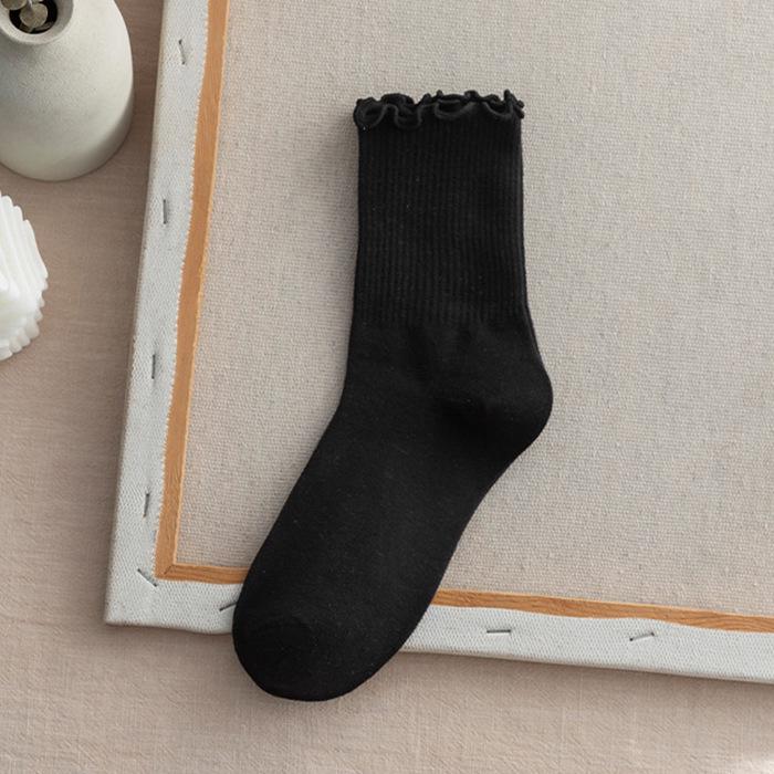 Women's Mid-Calf Ruffle Lace Socks, Coffee Color, Japanese/Korean Style, Cute Solid Color, Versatile and Girly for Spring/Fall.