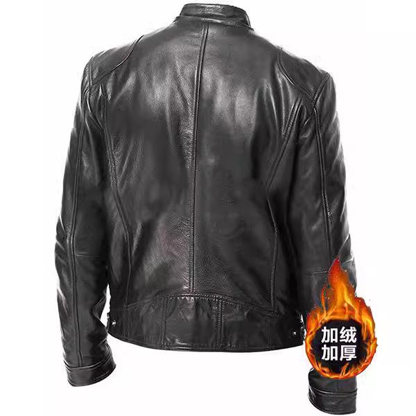 Winter Business Gentleman Warm Zipper Cardigan Pocket Fleece Thickened PU Leather Jacket Stand Neck Slim Leather Jacket
