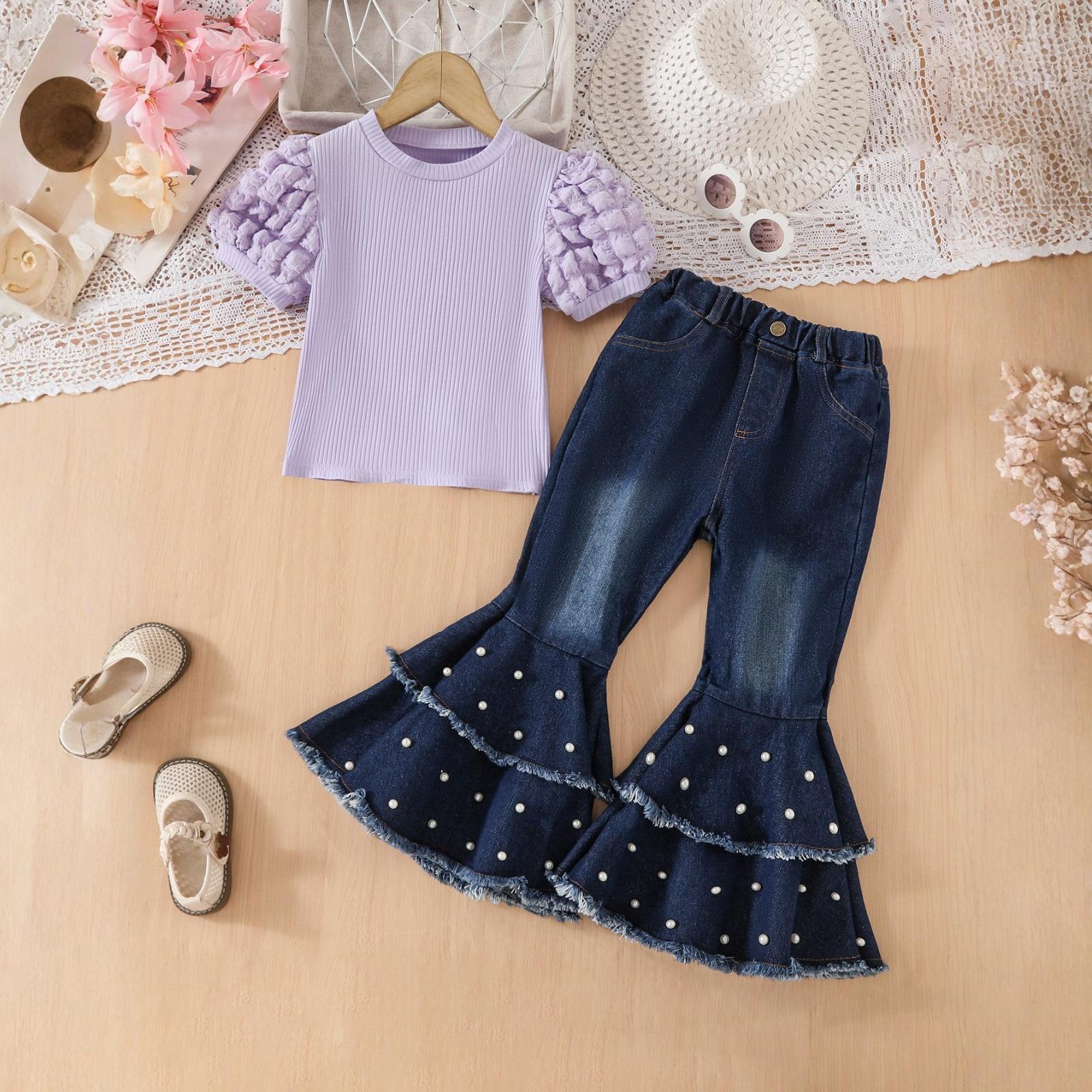 

Girls Puff Sleeve T-Shirt + Beaded Denim Flare Pants Two-Piece 100 фиолетовый