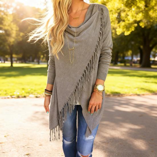 Women's Tassel Hem Shawl Cardigan Asymmetric Hem Pullover Poncho Coat Fringed Cowl Neck Wrap Cape Outerwear