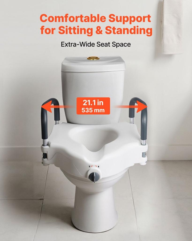Raised Toilet Seat with Arms, 136.1 kg Load Capacity, 127 mm Lift Height, Widened Commode Elevated Toilet Seat Riser with Padded Handles for Seniors,