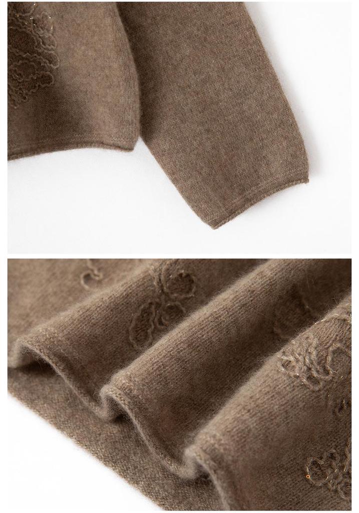 Lekasha 100% Pure Cashmere Rolled Edge High Neck Embossed Knit Top