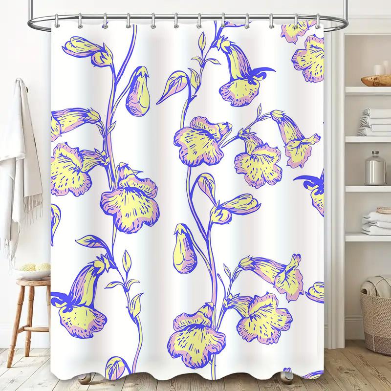 Floral Print Shower Curtain Modern Decorative Bath Mat Liner for Home Decoration Purple Yellow Flowers Design in White Backgro