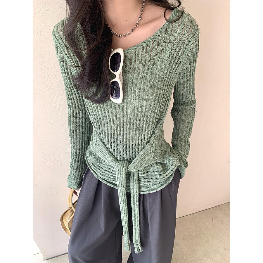 Huang Zheng Schnür-Ausschnitt Strickpullover, Damen Koreanischer Stil Frühling 2025 Freizeit-Top
