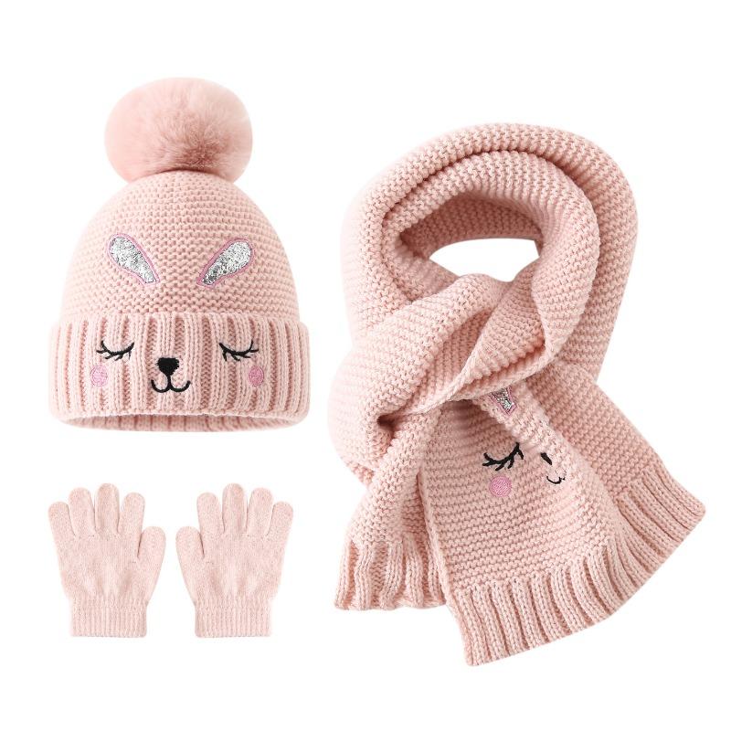 Cute Closed Eye Rabbit Children's Hat, Gloves, Scarf Three Piece Set, Winter Girls' Warm Knitted Hat