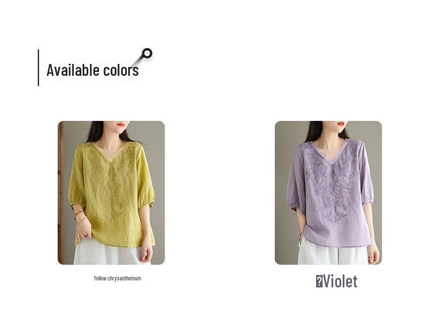 Women's Summer 2024 V-Neck Embroidered Three-Quarter Sleeve Cotton Linen Shirt