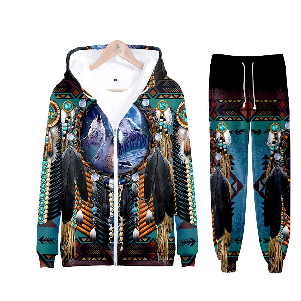 2025 Indisches 3D-Druck Freizeit-Kapuzenpullover mit Reißverschluss & Jogginghosen-Set