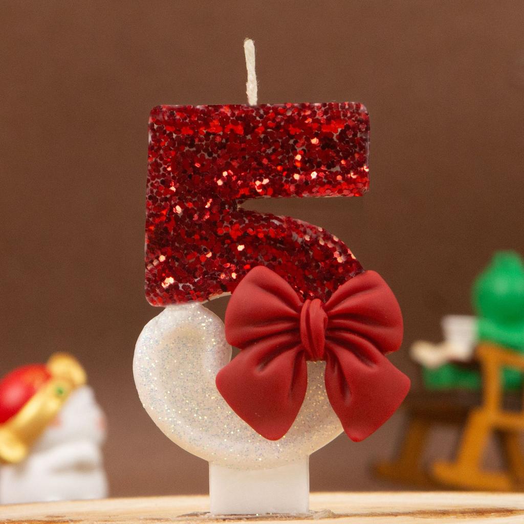 Red White Sequins Bow 0-9 Birthday Digital Candle - Creative Premium Cake Decoration