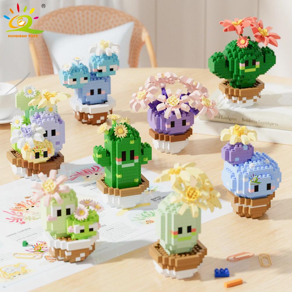HUIQIBAO Mini MOC Cactus Potted Plant Micro Building Block 3D Diamond Flower Desk Decoration Model Brick DIY Toys for Children