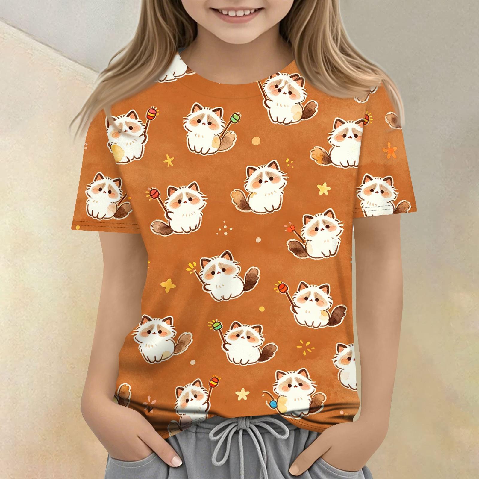 

Children s Animal Print Crew Neck Short Sleeve Casual Loose Fit T Shirt Top for Kids Soft Comfortable Fabric Suitable for Everyday Wear 160 шафрановий