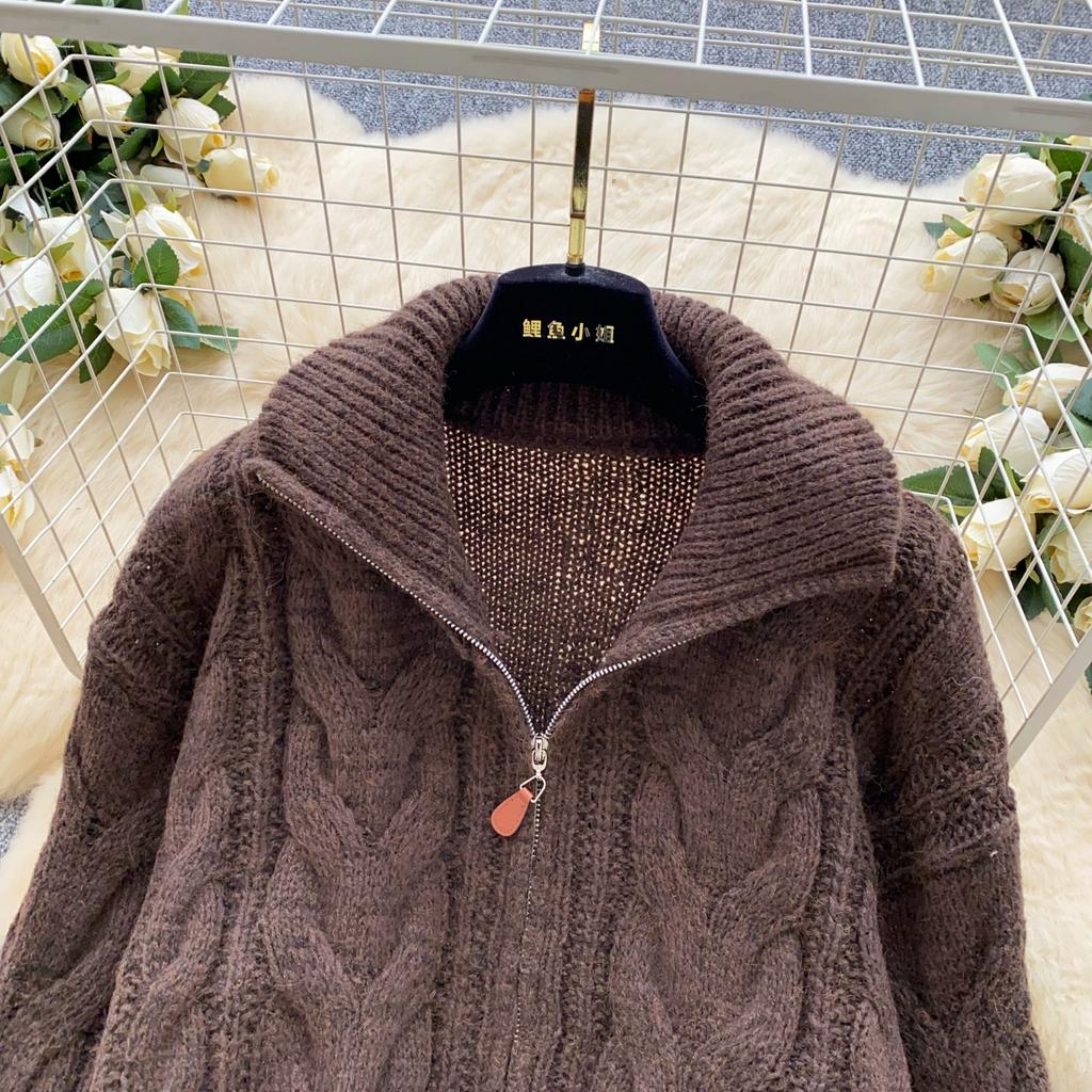 Autumn Winter Women Casual Turtleneck Zipper Twist Knitted Sweater Cardigans Tops Jacket Coat