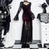 Rochie Cosplay pentru femei, stil întunecat, costum de petrecere de Halloween, dantelă, mozaic, broderie de flori, tivul cu coadă de pește, mâneci lungi, talie strânsă, performanță în linie A