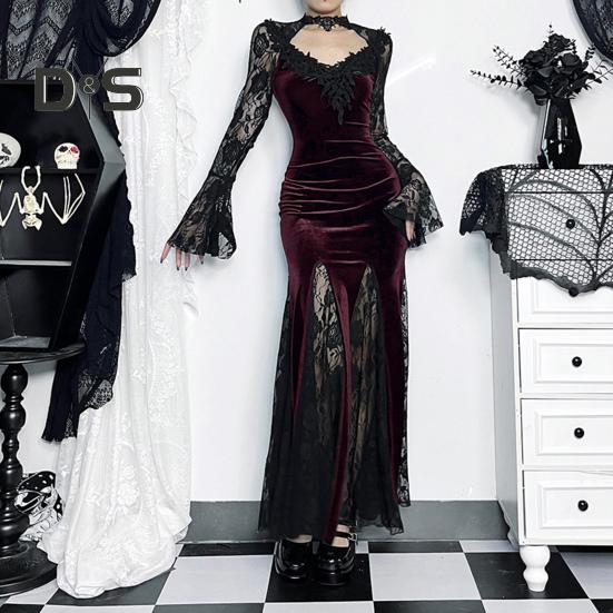 Women Cosplay Dress Dark Style Halloween Party Costume Lace Patchwork Flower Embroidery Fish Tail Hem Long Sleeves Tight Waist A-line Performance