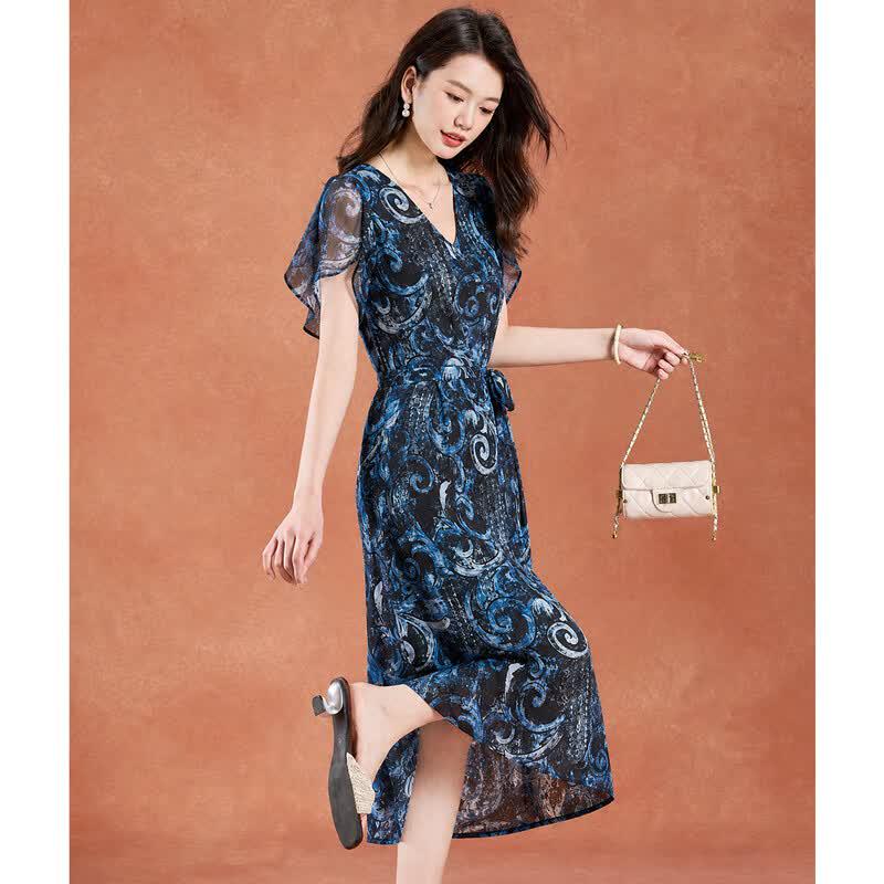 Women s Elegant V-Neck Printed A-Line Dress M