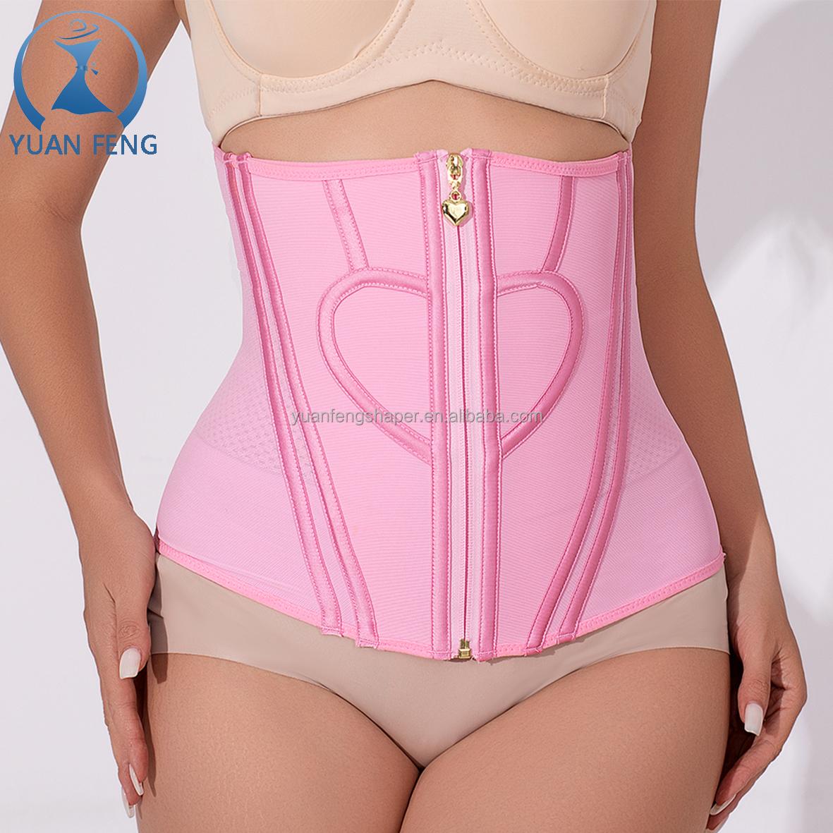 YUANFENG Custom Private Label Double Compression Adjustable Zipper Tummy Wrap Steel Bone Abdomen Corset Waist Trainer Shaper Xs розовый