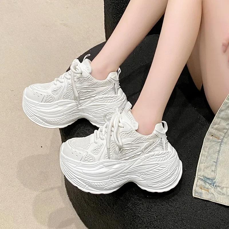 Fashion Women's Breathable Mesh Dad Shoes New Autumn Thick Bottom Casual Sports Walking Shoes Retro 8cm High Platform Chunky Sneakers