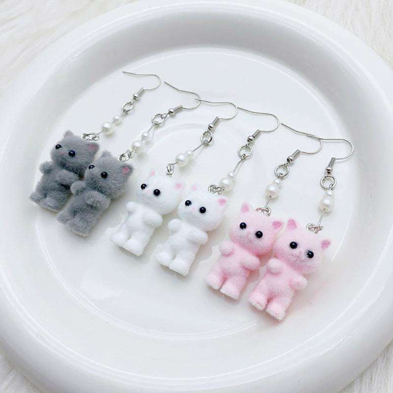 Unique Flocking Animal Earrings Cartoon Cats Shaped Ear Rings Ornament Women Girls Accessory Stylish Party Accessories